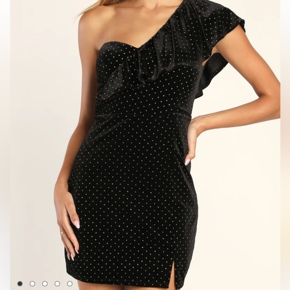 Pretty Glam Black Velvet Polka Dot One-Shoulder Mini Dress - Picture 1 of 4